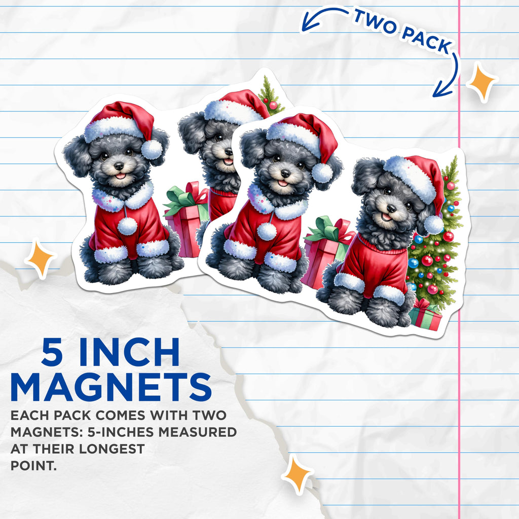 (2 Pack) Festive Christmas Poodle Magnets - Adorable Puppy Holiday Decor - Cute Animal Refrigerator Locker Accessory - 5 Inches On Longest Side - Thick Durable Magnet - Made in USA - MAG23862