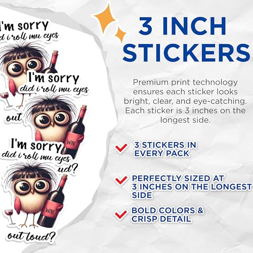 (3 Pack) Funny Owl Decals - Wine Lover Decal - Sarcastic Humor Decals - 3 Inches On Longest Side - Easy Peel & Apply - Made in USA - 3MCS1719