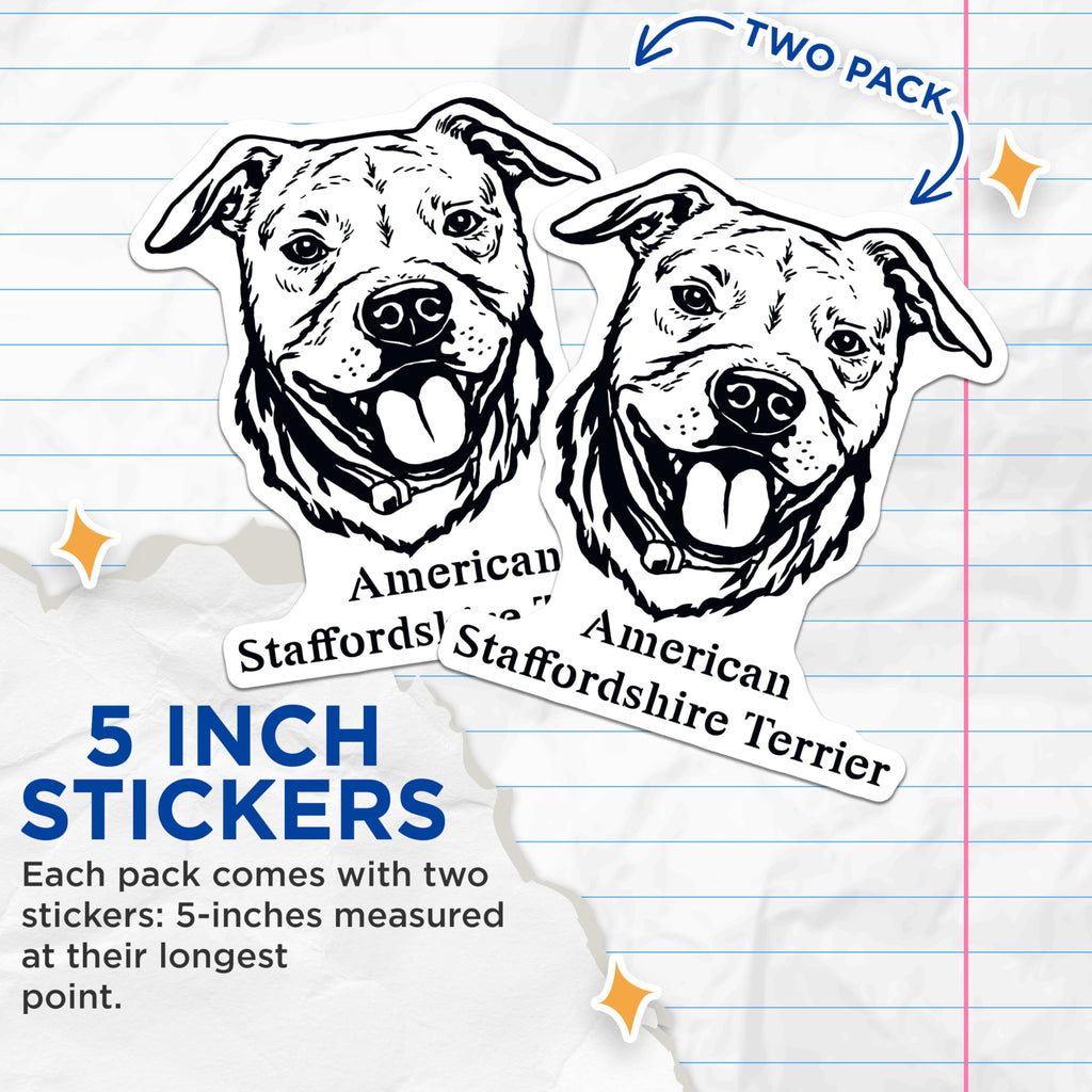 (2 Pack) American Staffordshire Terrier Stickers - Dog Breed Decal - Pet Lover Car Bumper Sticker - 5" On Longest Side - Sticks to Smooth Flat Surfaces - Made in USA - BMCS4016