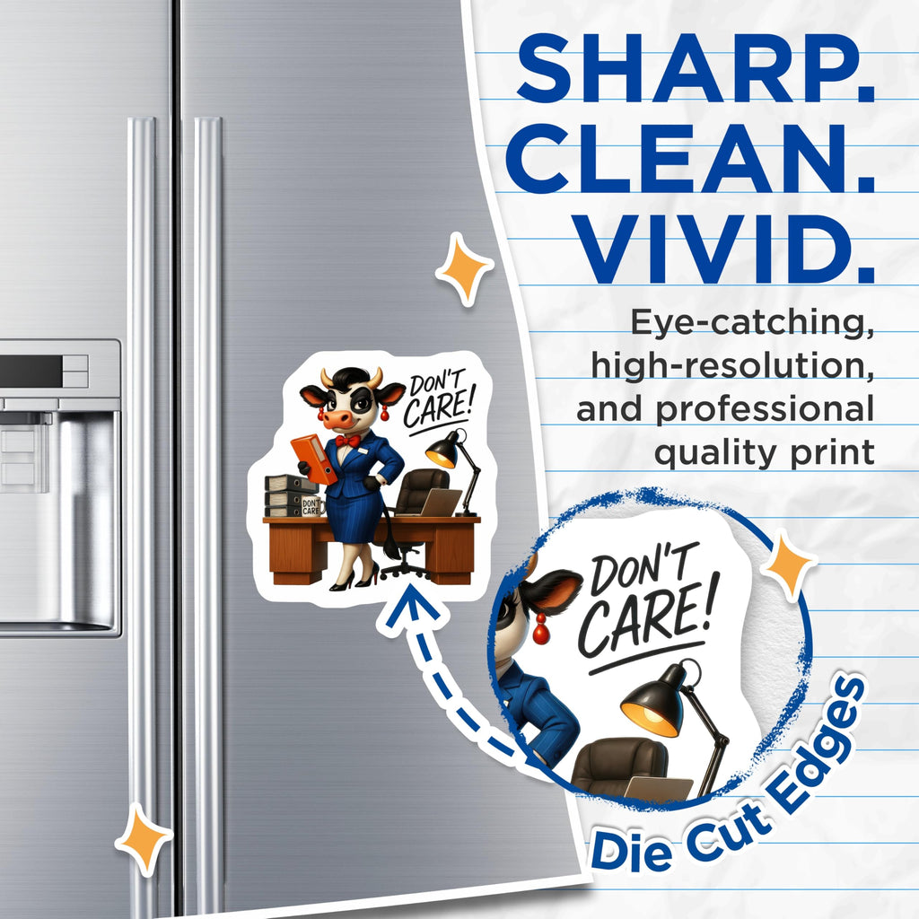 (2 Pack) Don't Care Sassy Business Cow Magnets - Empowered Office Humor Fridge Magnet - Funny Corporate Desk Locker Organizer - 5 Inches On Longest Side - Thick Durable Magnet - Made in USA - MAG22372