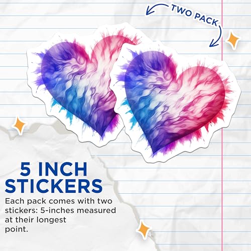 (2 Pack) Heart Stickers - Abstract Art - Colorful Watercolor Design - 5" On Longest Side - Sticks to Smooth Flat Surfaces - Made in USA - BMCS6666