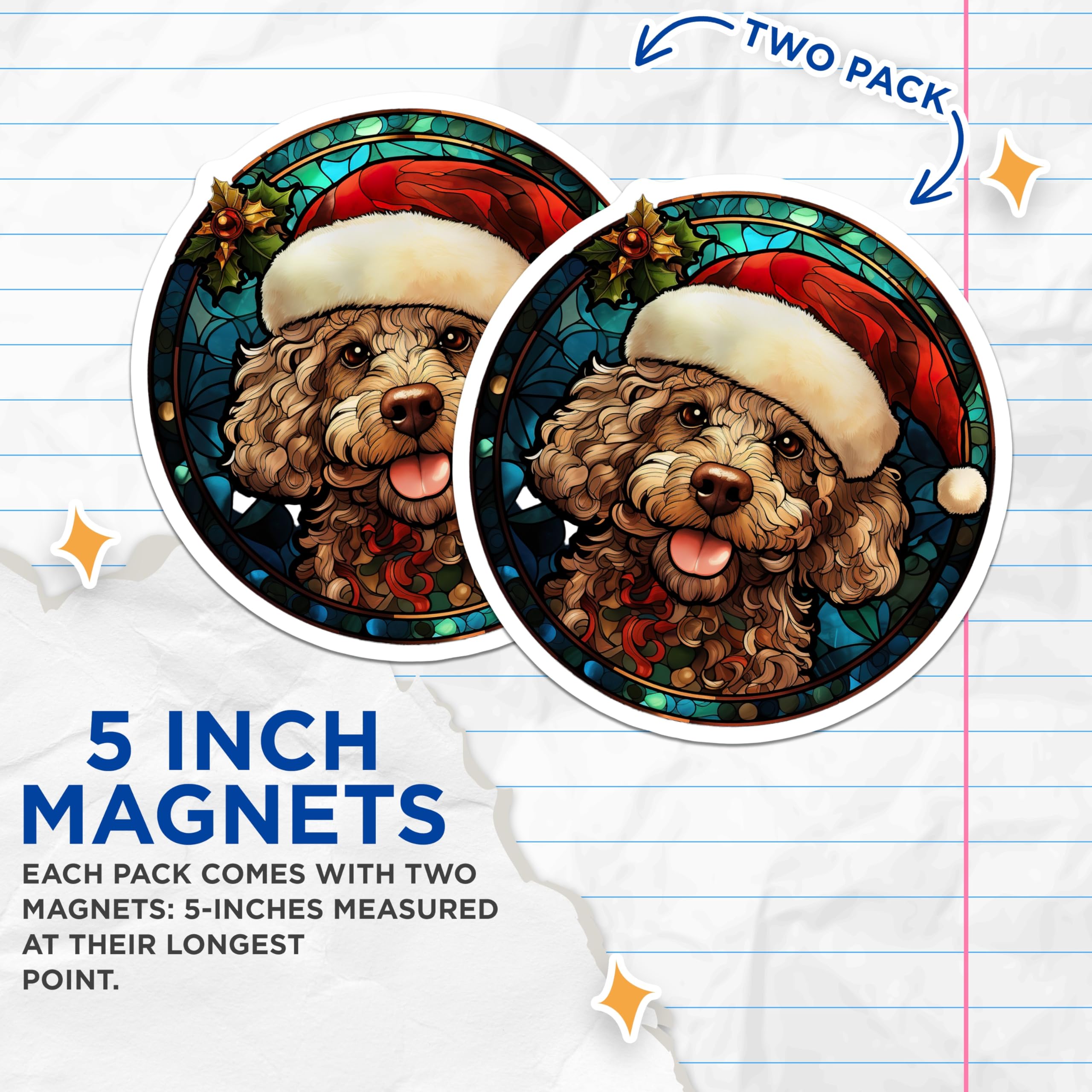 (2 Pack) Christmas Doodle Dog Magnets - Stained Glass Pet Art - Festive Holiday Refrigerator Decor - 5 Inches On Longest Side - Thick Durable Magnet - Made in USA - MAG26573