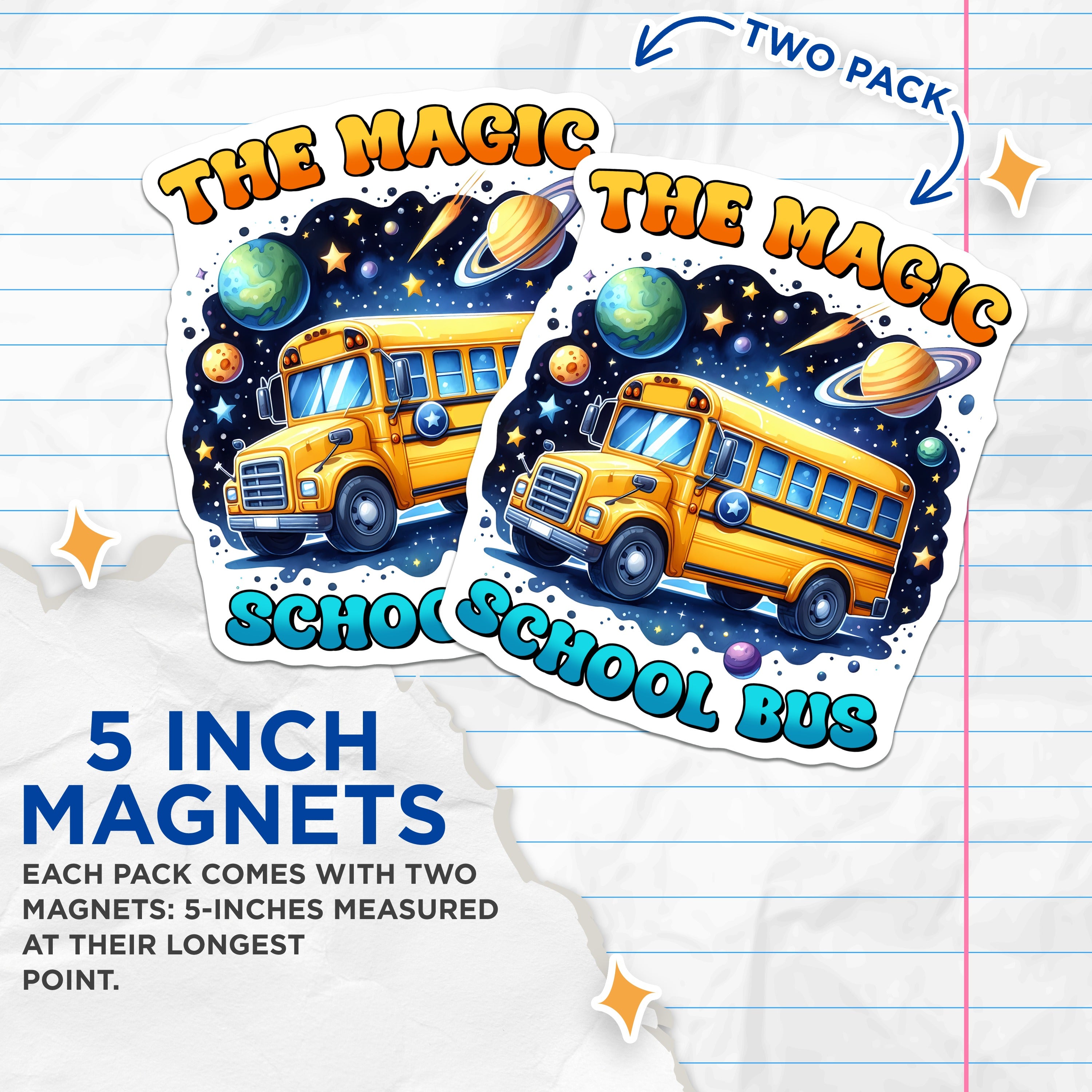 (2 Pack) Magic School Bus Space Magnets - Whimsical Science Education - Cosmic Adventure Fridge Locker Magnet - 5 Inches On Longest Side - Thick Durable Magnet - Made in USA - MAG36770