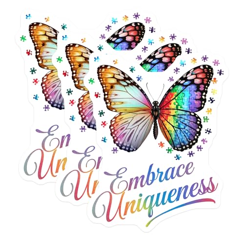 (3 Pack) Autism Butterfly Decals - Embrace Uniqueness Decals - Puzzle Pieces Butterflies - 3 Inches On Longest Side - Easy Peel & Apply - Made in USA - 3MCS0062
