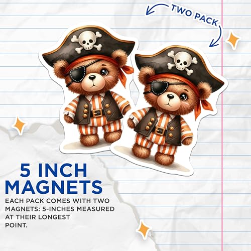 (2 Pack) Pirate Teddy Bear Magnets - Cute Bear Decor - Kids Room Magnets - Nursery Magnets - 5" On Longest Side - for Cars, Fridges, Toolboxes - Made in USA - MAG6779