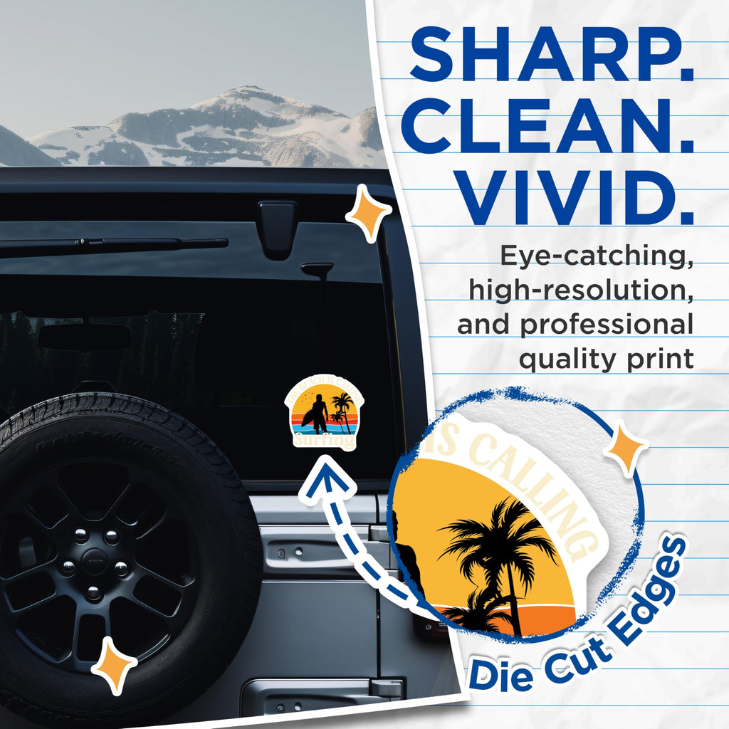 (2 Pack) Beach is Calling Surfing Stickers - Surfer Sunset Vibe - Ocean Life Adventure Decals - 5" On Longest Side - Sticks to Smooth Flat Surfaces - Made in USA - BMCS20917