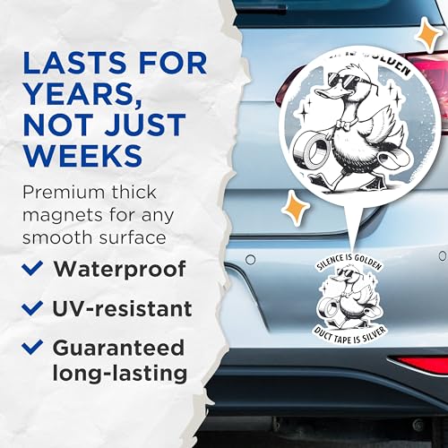 (2 Pack) Silence is Golden Magnets - Duct Tape is Silver Magnets - Funny Duck Magnets for Home Decor- 5" On Longest Side - for Fridges, Toolboxes, Cars - Made in USA - MAG2894