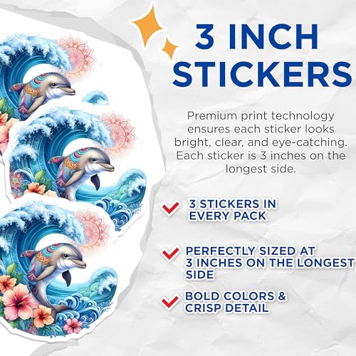 (3 Pack) Dolphin Decals - Ocean Waves - Laptop Decals - 3 Inches On Longest Side - Easy Peel & Apply - Made in USA - 3MCS8248