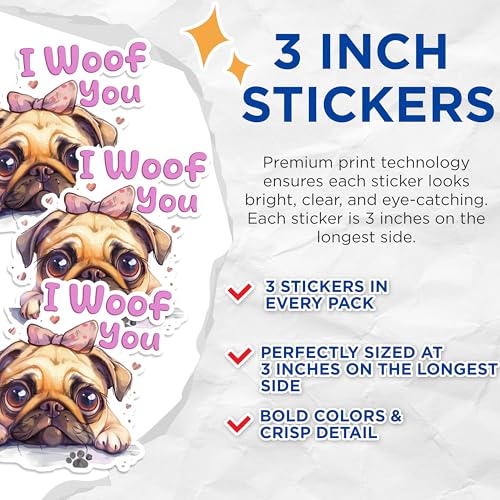 (3 Pack) Pug Decals - Cute Dog Stickers - I Woof You Laptop Decal - 3 Inches On Longest Side - Easy Peel & Apply - Made in USA - 3MCS1216