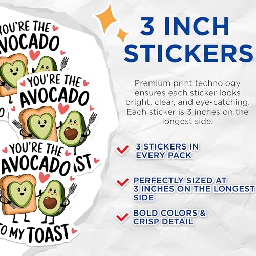 (3 Pack) Avocado Toast Decals - Funny Food Puns - Cute Laptop Stickers - 3 Inches On Longest Side - Easy Peel & Apply - Made in USA - 3MCS2467
