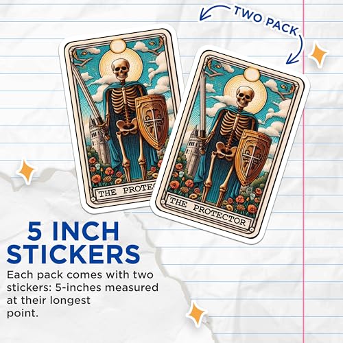 (2 Pack) Skeleton Warrior Stickers - Gothic Art Stickers - Fantasy Knight Stickers The Protector - 5" On Longest Side - Sticks to Smooth Flat Surfaces - Made in USA - BMCS5483