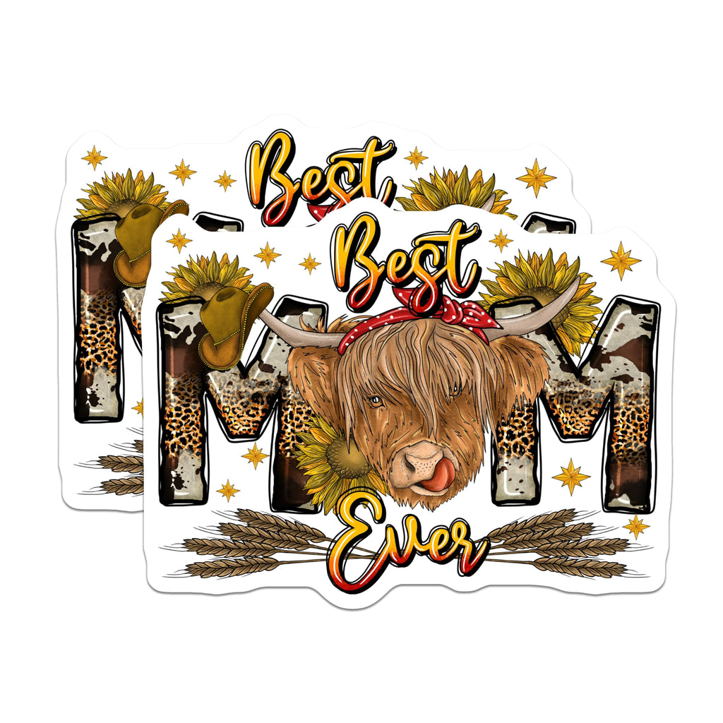 (2 Pack) Highland Cow Mom Magnets - Best Mom Ever Western Farmhouse Decor - Mother's Day Refrigerator Locker Magnet - 5 Inches On Longest Side - Thick Durable Magnet - Made in USA - MAG24430