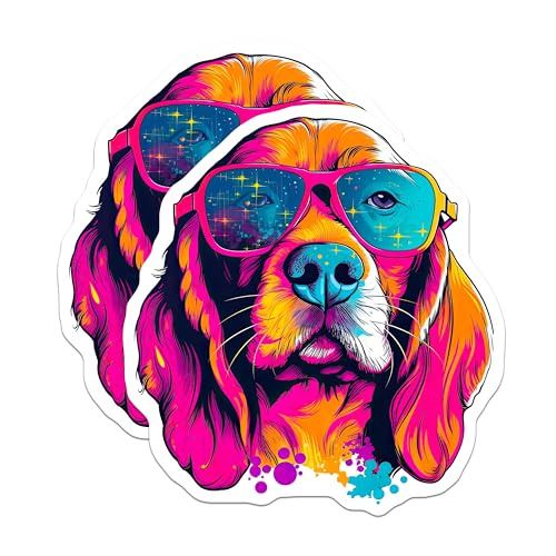 (2 Pack) Colorful Dog Stickers - Neon Dog Art - Cool Dog with Sunglasses - 5" On Longest Side - Sticks to Smooth Flat Surfaces - Made in USA - BMCS7239