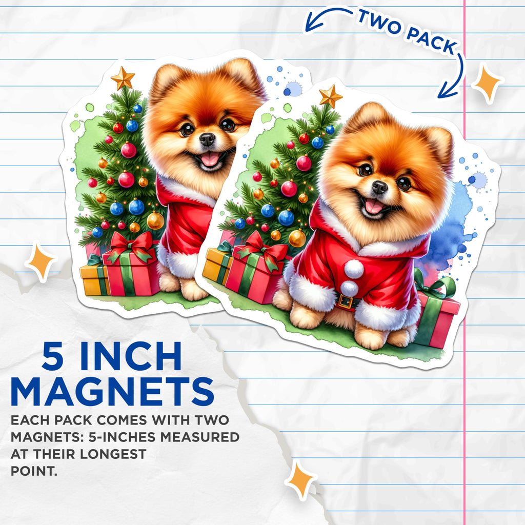 (2 Pack) Pomeranian Christmas Magnets - Adorable Santa Dog Holiday Decor - Festive Winter Pet Refrigerator Accent - 5 Inches On Longest Side - Thick Durable Magnet - Made in USA - MAG23883