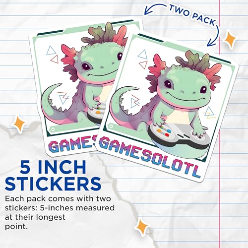 (2 Pack) Cute Axolotl Gamer Stickers - Gaming Axolotl Decal - Fun Axolotl Art - 5" On Longest Side - Sticks to Smooth Flat Surfaces - Made in USA - BMCS7793