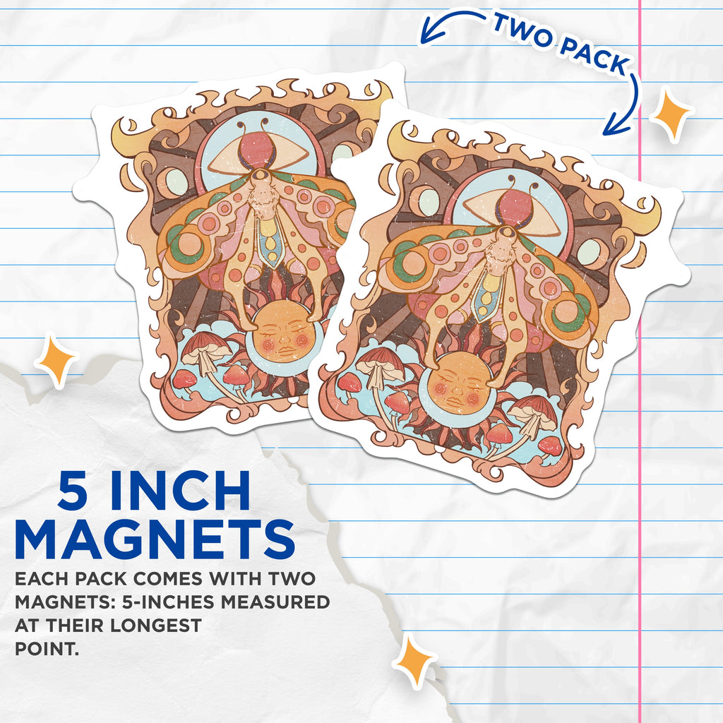 (2 Pack) Moth Sun Mushroom Magnets - Psychedelic Boho Decor - Hippie Celestial Art Kitchen Fridge - 5 Inches On Longest Side - Thick Durable Magnet - Made in USA - MAG36062