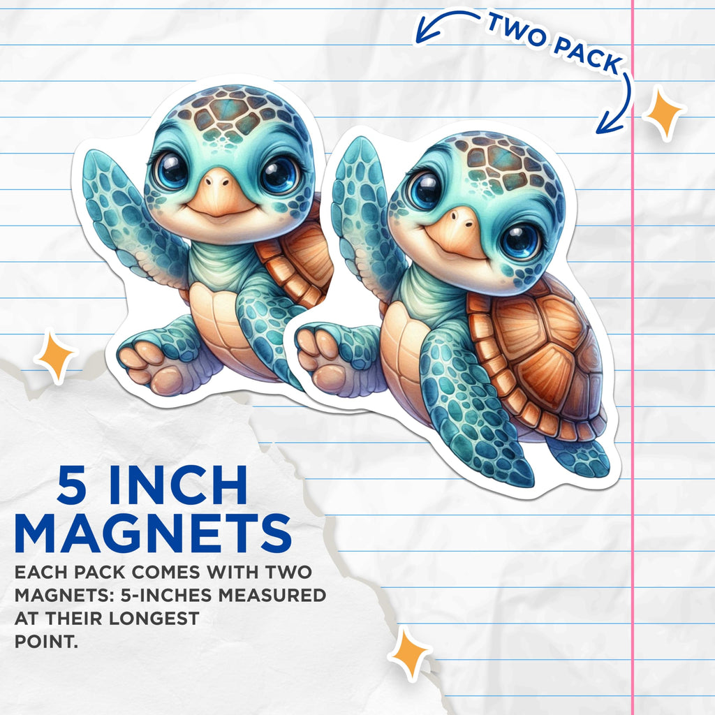 (2 Pack) Baby Sea Turtle Magnets - Cute Ocean Animal Decor - Reptile Lover Refrigerator Art - 5 Inches On Longest Side - Thick Durable Magnet - Made in USA - MAG23146