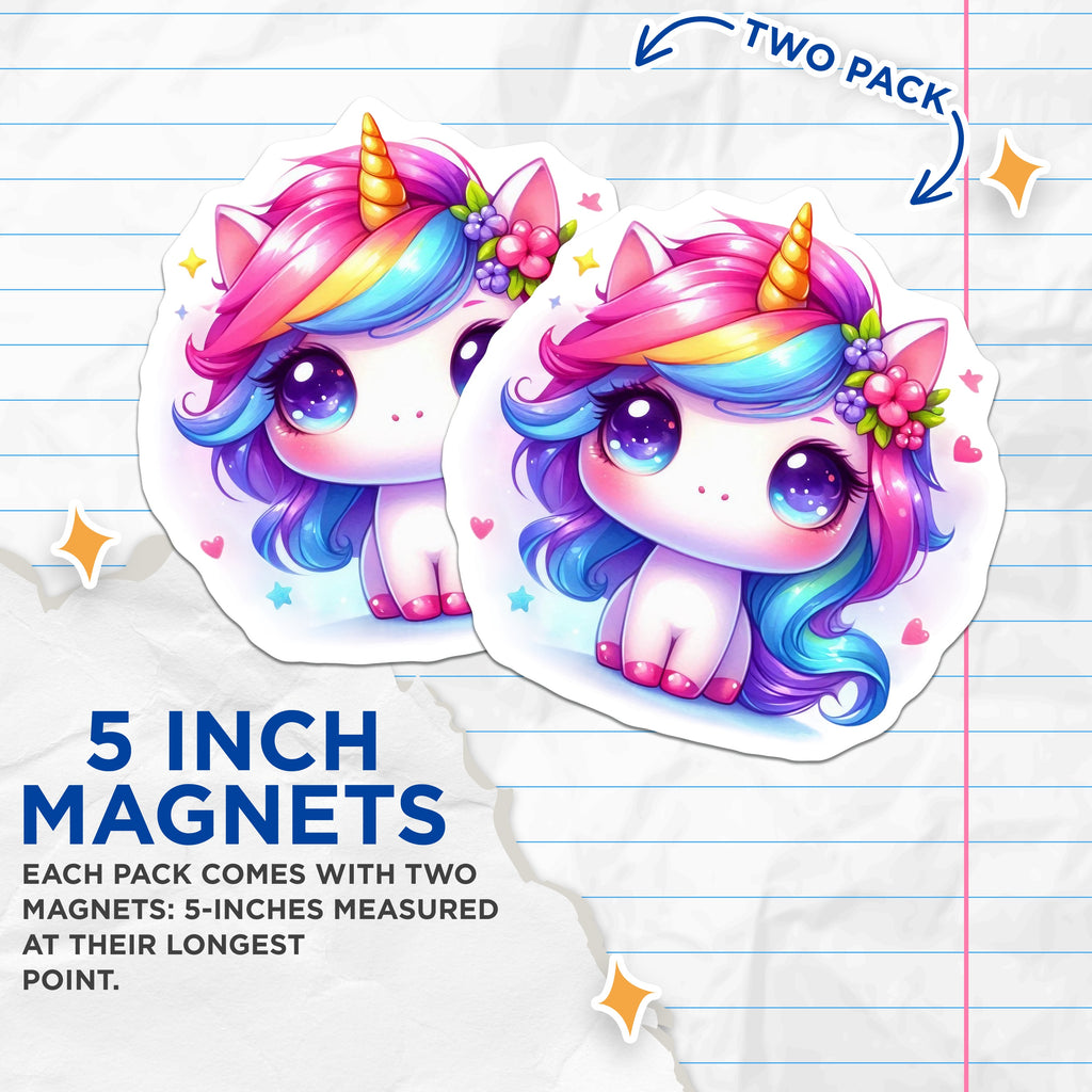 (2 Pack) Cute Unicorn Magnets - Rainbow Mane Fridge Decor - Fantasy Kawaii Art - 5 Inches On Longest Side - Thick Durable Magnet - Made in USA - MAG36515