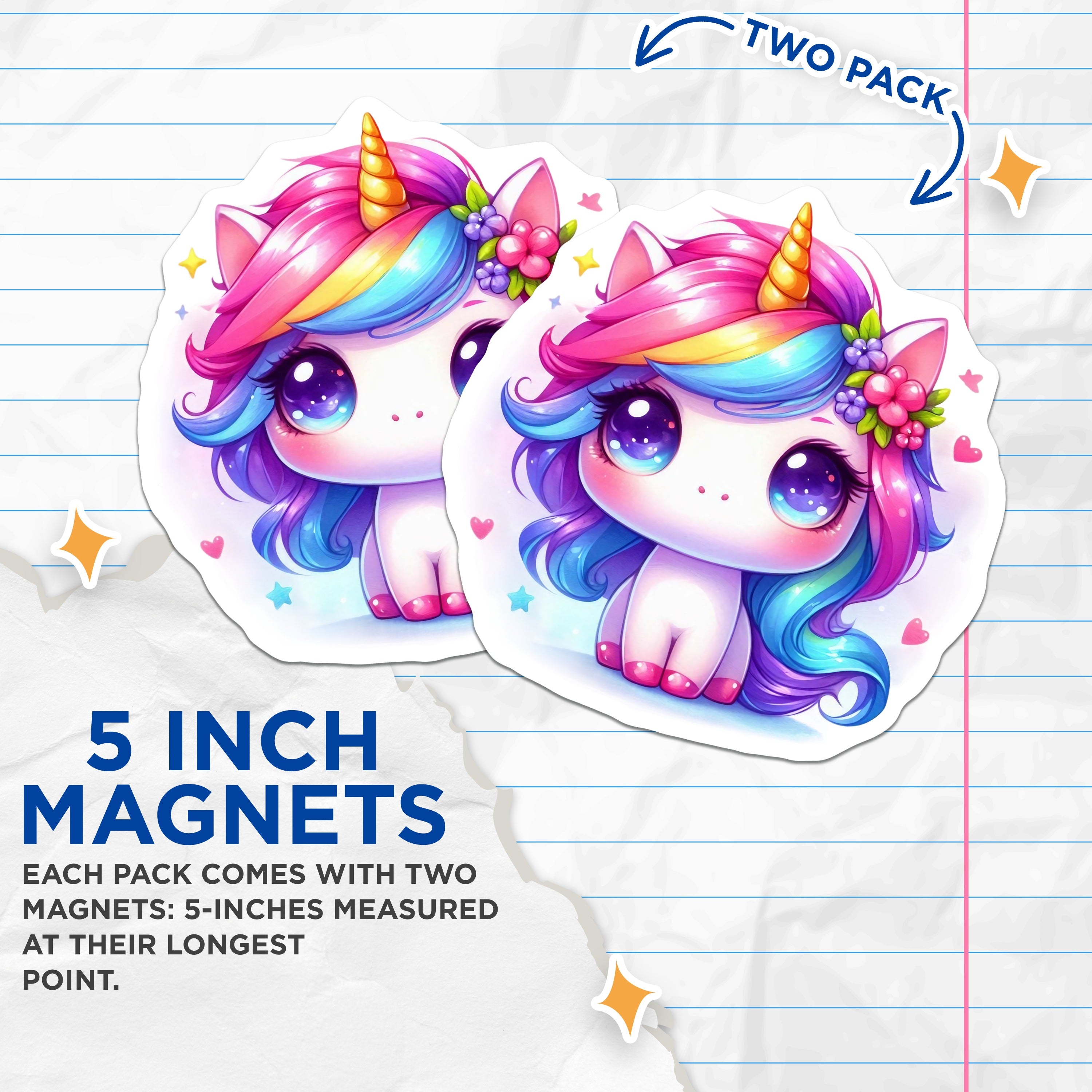 (2 Pack) Cute Unicorn Magnets - Rainbow Mane Fridge Decor - Fantasy Kawaii Art - 5 Inches On Longest Side - Thick Durable Magnet - Made in USA - MAG36515