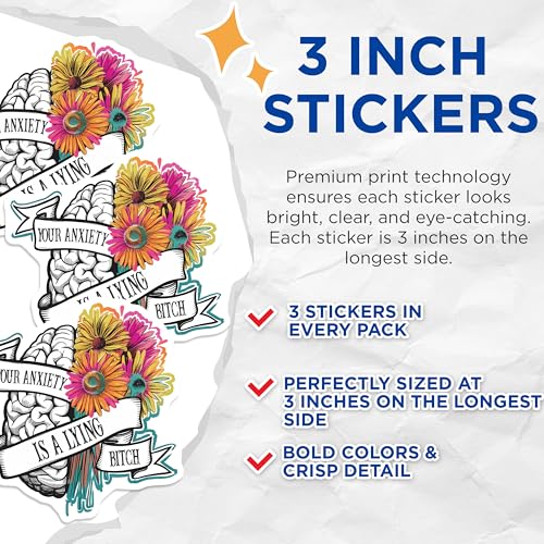 (3 Pack) Anxiety Decals - Mental Health Awareness - Flower Decals - 3 Inches On Longest Side - Easy Peel & Apply - Made in USA - 3MCS6440