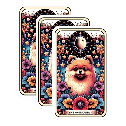 (3 Pack) Pomeranian Dog Decals - Celestial Flowers Stickers - Tarot Card Animal Stickers - 3 Inches On Longest Side - Easy Peel & Apply - Made in USA - 3MCS4033
