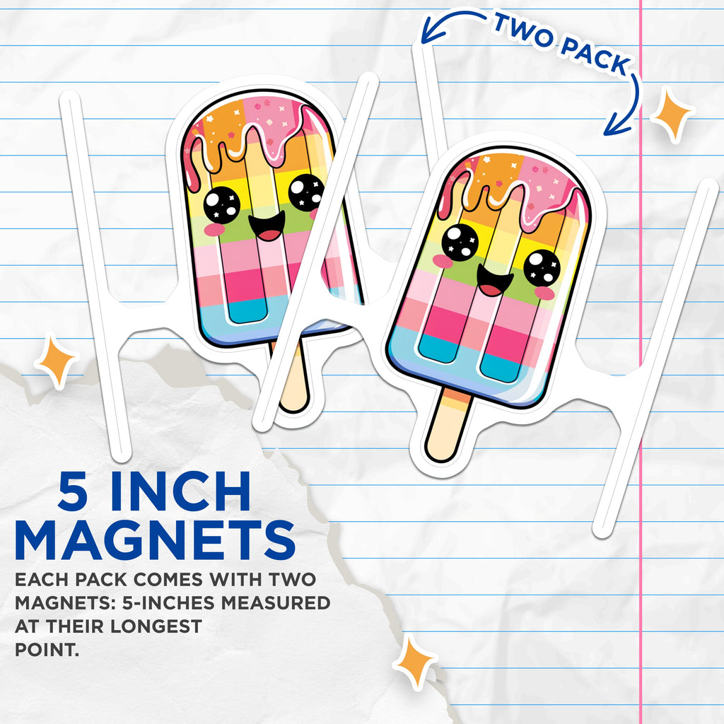 (2 Pack) Kawaii Popsicle Magnets - Rainbow Fridge Decor - Cute Summer Treats - 5 Inches On Longest Side - Thick Durable Magnet - Made in USA - MAG38528
