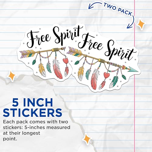 (2 Pack) Free Spirit Stickers - Boho Feather Arrow - Inspirational Quote - 5" On Longest Side - Sticks to Smooth Flat Surfaces - Made in USA - BMCS7047