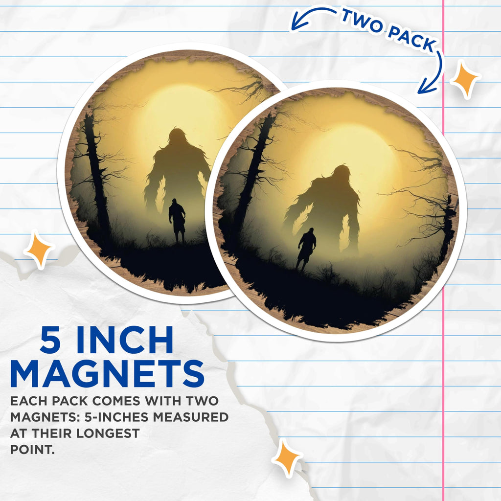 (2 Pack) Bigfoot Sasquatch Magnets - Cryptid Forest Silhouette - Mysterious Wilderness Legend Art - Paranormal Folklore Decor - 5 Inches On Longest Side - Thick Durable Magnet - Made in USA - MAG24767