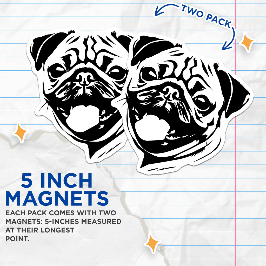 (2 Pack) Pug Dog Magnets - Cute Pet Owner Fridge Decor - Animal Lover Present Ideas - 5 Inches On Longest Side - Thick Durable Magnet - Made in USA - MAG38659