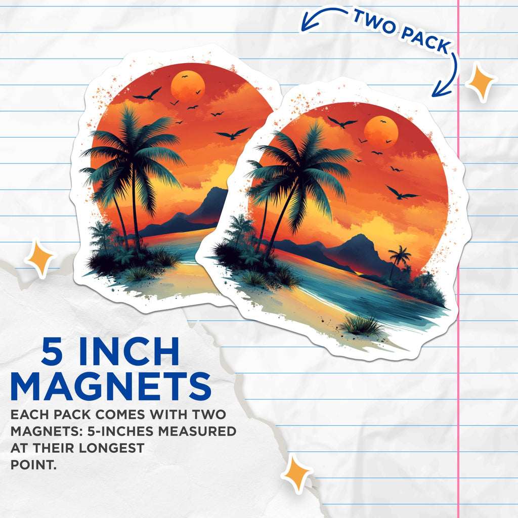 (2 Pack) Tropical Sunset Magnets - Palm Tree Beach Scene - Ocean View Decor Art - 5 Inches On Longest Side - Thick Durable Magnet - Made in USA - MAG26246