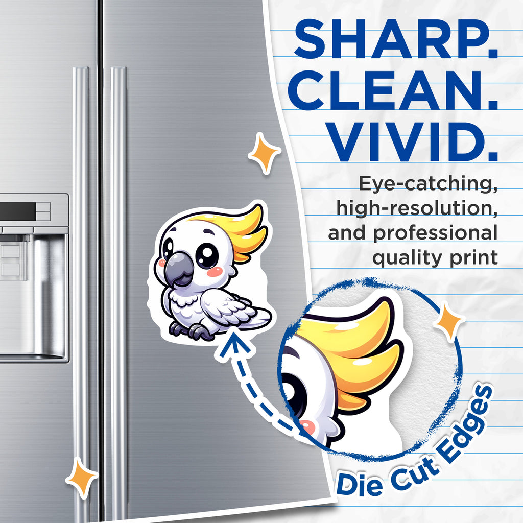 (2 Pack) Cute Cockatoo Magnets - Kawaii Bird Fridge Decor - Chibi Parrot Locker Accent - 5 Inches On Longest Side - Thick Durable Magnet - Made in USA - MAG37986