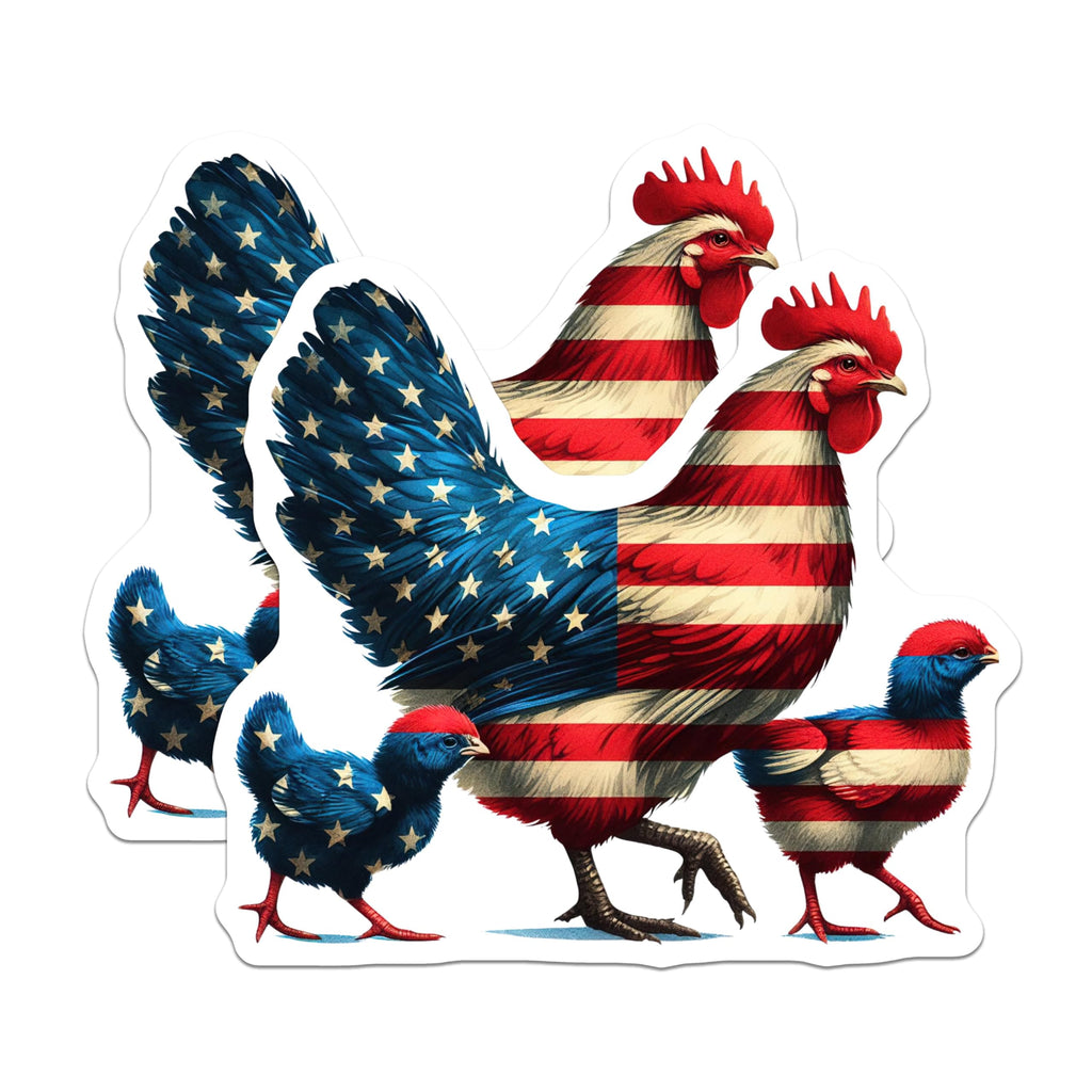 (2 Pack) Patriotic Chicken Stickers - American Flag Rooster Sticker - Red White and Blue Chickens - 5" On Longest Side - Sticks to Smooth Flat Surfaces - Made in USA - BMCS7230