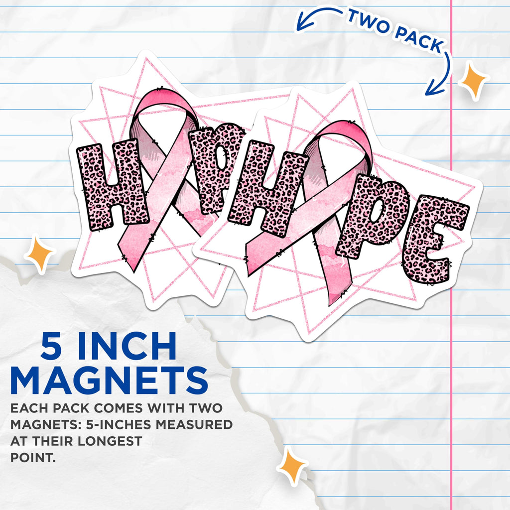 (2 Pack) Hope Pink Ribbon Magnets - Leopard Print Letters - Awareness Hope Magnets - 5" On Longest Side - Premium Magnet - for Cars, Refrigerators, Toolboxes, Lockers - Made in USA - MAG16828
