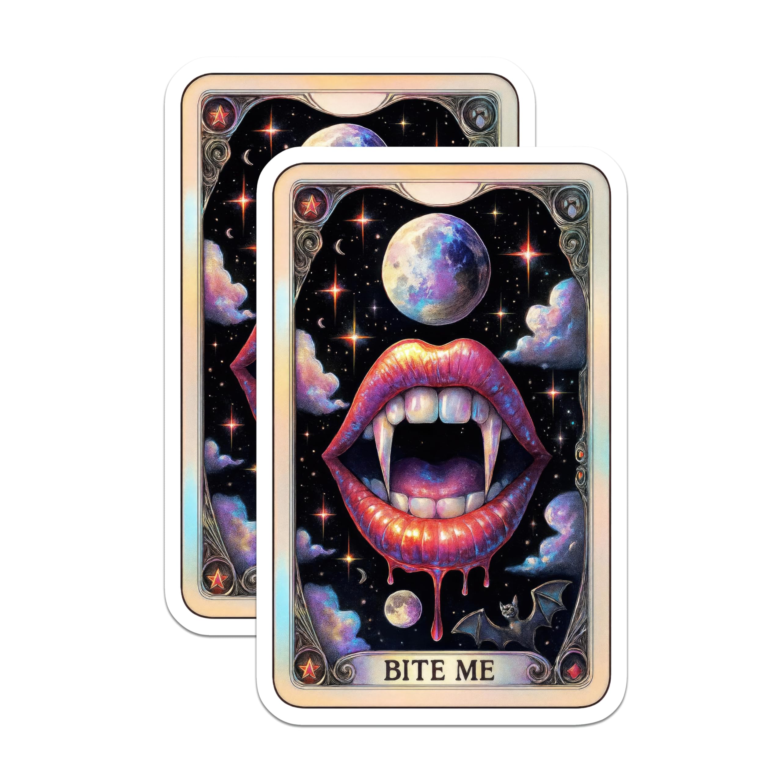 (2 Pack) Vampire Fangs Lips Magnets - Gothic Night Sky Art - 'Bite Me' Statement Decor - Celestial Bat Dracula Scene - 5 Inches On Longest Side - Thick Durable Magnet - Made in USA - MAG20900