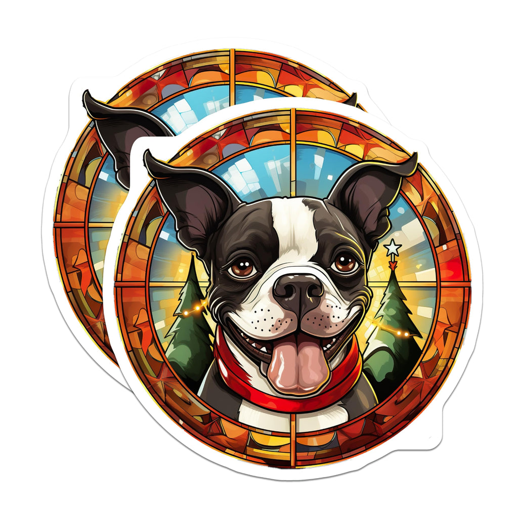 (2 Pack) Boston Terrier Magnets - Christmas Dog Decor - Stained Glass Pet Art - Holiday Fridge Magnet - 5 Inches On Longest Side - Thick Durable Magnet - Made in USA - MAG26577