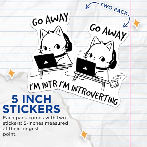(2 Pack) Go Away I'm Introverting Stickers - Cute Cat - Funny Quote - 5" On Longest Side - Sticks to Smooth Flat Surfaces - Made in USA - BMCS7816