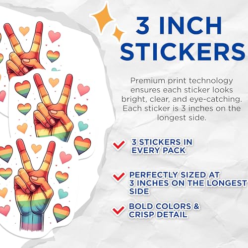 (3 Pack) Peace Sign Decals - Pride Hearts - Laptop Decals - 3 Inches On Longest Side - Easy Peel & Apply - Made in USA - 3MCS1111