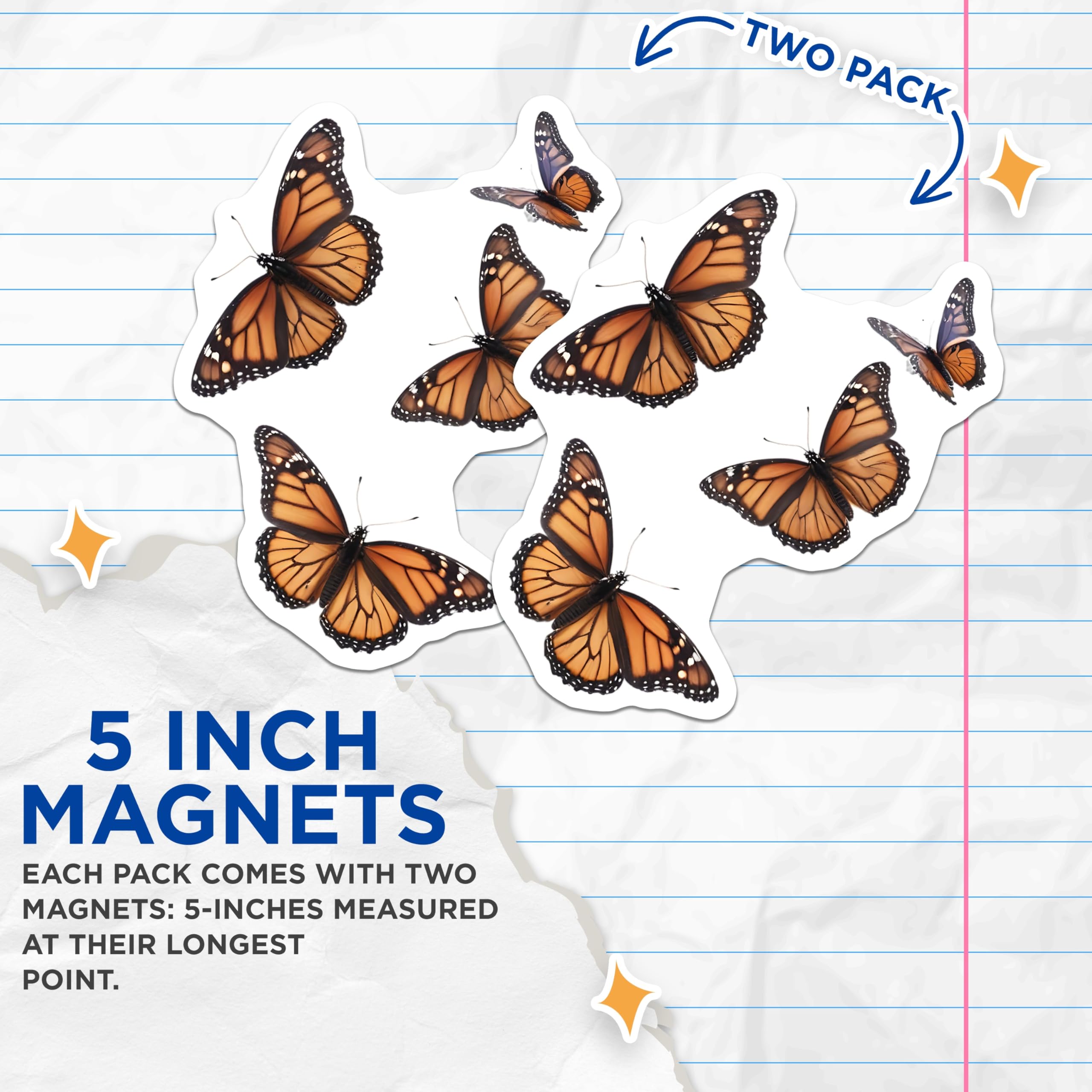 (2 Pack) Butterfly Magnets - Monarch Butterfly Decor - Fridge Magnets - 5" On Longest Side - Premium Magnet - for Cars, Refrigerators, Toolboxes, Lockers - Made in USA - MAG16187