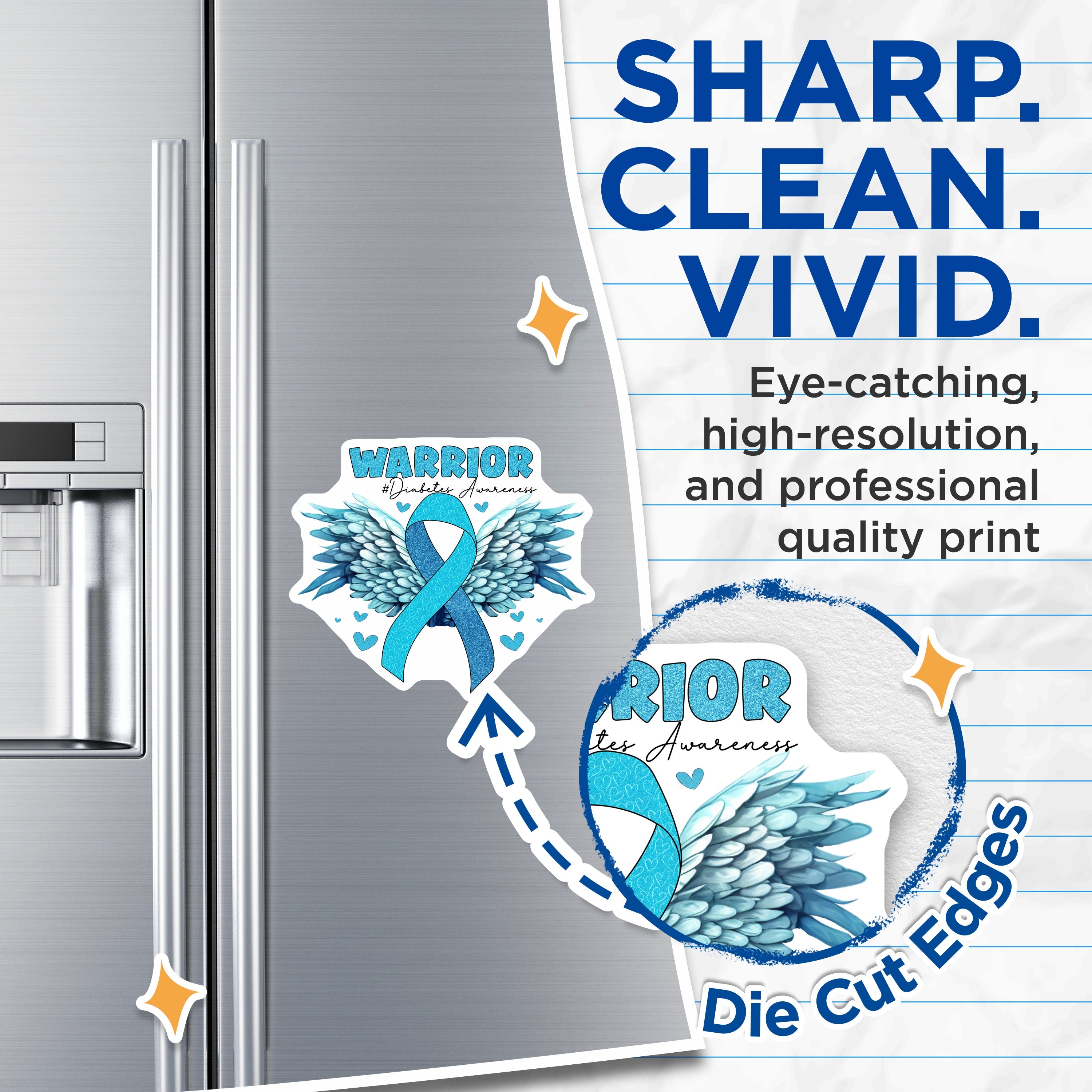 (2 Pack) Diabetes Awareness Magnets - Warrior Blue Ribbon Support - Chronic Illness Refrigerator Decor - 5 Inches On Longest Side - Thick Durable Magnet - Made in USA - MAG37184