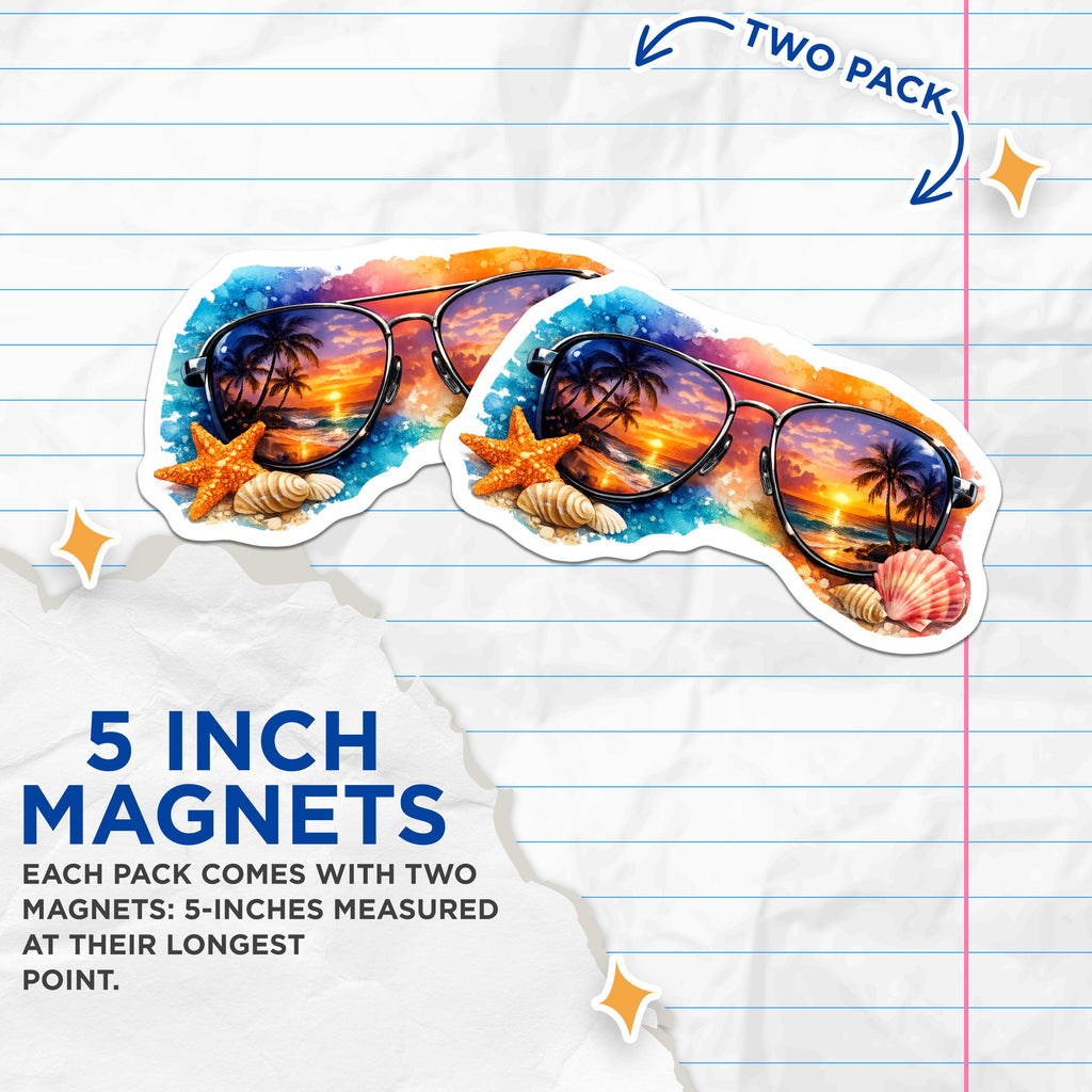 (2 Pack) Tropical Sunset Beach Magnets - Aviator Sunglasses Reflection - Ocean Palm Tree Refrigerator Decor - 5 Inches On Longest Side - Thick Durable Magnet - Made in USA - MAG37250
