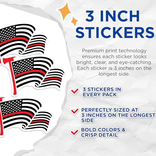(3 Pack) Thin Red Line Decals - Firefighter Support - American Flag Decal - 3 Inches On Longest Side - Easy Peel & Apply - Made in USA - 3MCS4840