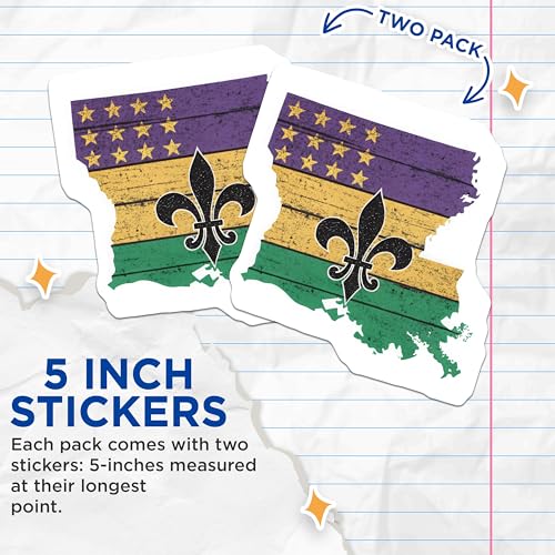 (2 Pack) Louisiana State Flag Stickers - Fleur De Lis - New Orleans Pride - 5" On Longest Side - Sticks to Smooth Flat Surfaces - Made in USA - BMCS5646
