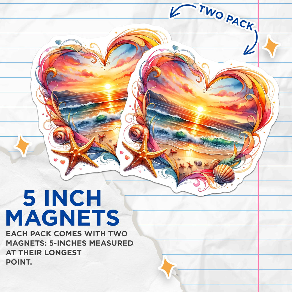 (2 Pack) Beach Sunset Heart Magnets - Ocean Theme Decoration - Coastal Home Accents - 5" On Longest Side - Premium Magnet - for Cars, Refrigerators, Toolboxes, Lockers - Made in USA - MAG16462