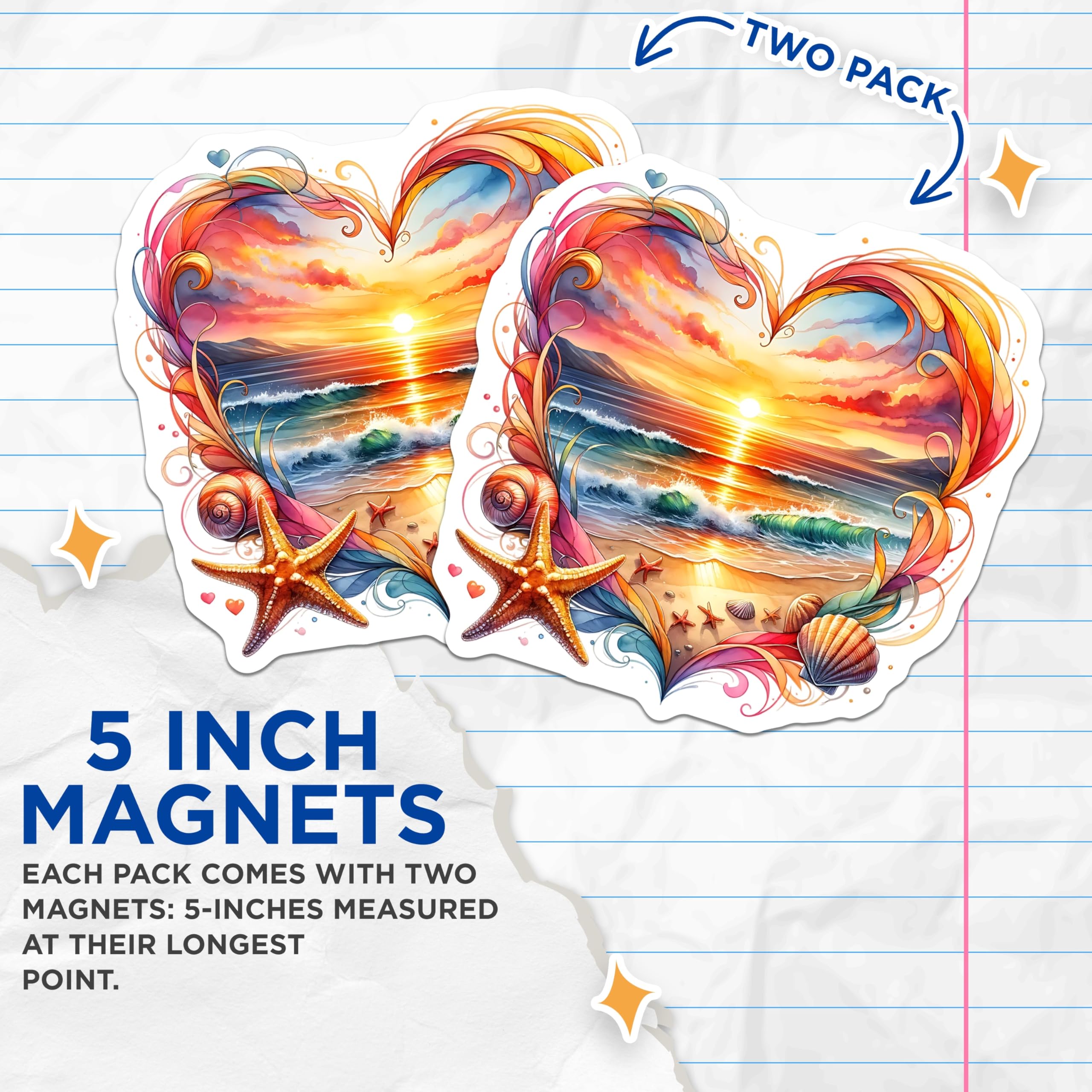 (2 Pack) Beach Sunset Heart Magnets - Ocean Theme Decoration - Coastal Home Accents - 5" On Longest Side - Premium Magnet - for Cars, Refrigerators, Toolboxes, Lockers - Made in USA - MAG16462