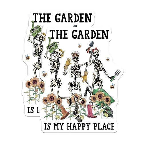 (2 Pack) Garden is My Happy Place Stickers - Funny Skeleton Stickers - Gardening Lover Stickers - 5" On Longest Side - Sticks to Smooth Flat Surfaces - Made in USA - BMCS4197