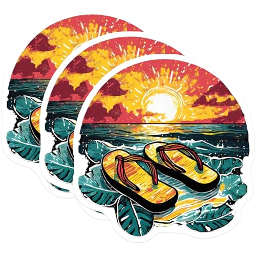(3 Pack) Beach Flip Flops Decals - Sunset Ocean Decal - Summer Vibes Decals - 3 Inches On Longest Side - Easy Peel & Apply - Made in USA - 3MCS8084