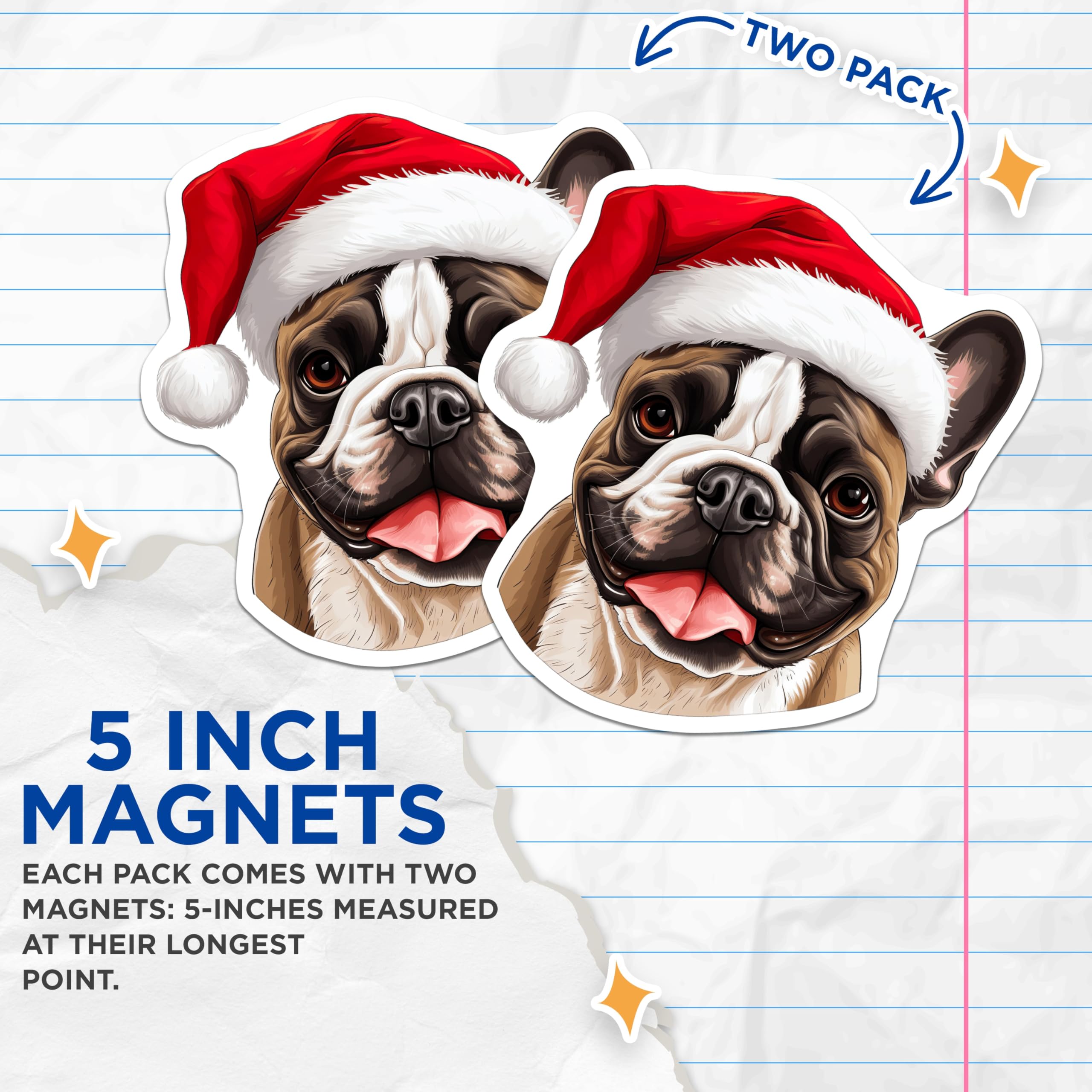 (2 Pack) Christmas French Bulldog Magnets - Santa Hat Frenchie Decor - Holiday Dog Lover Stocking Stuffer Pet Owner - 5 Inches On Longest Side - Thick Durable Magnet - Made in USA - MAG26438