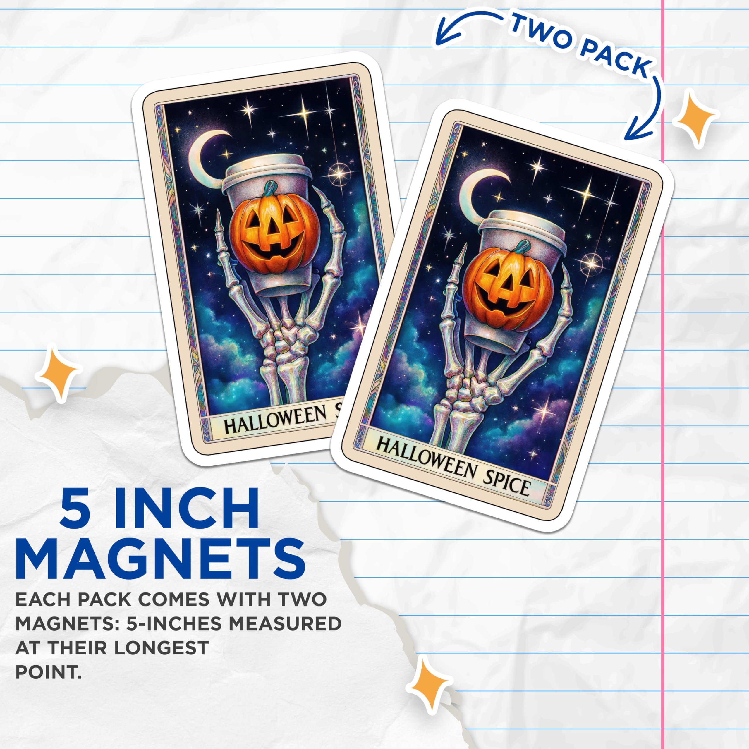 (2 Pack) Halloween Spice Magnets - Skeleton Hand Coffee Cup - Jack O Lantern Latte Art - 5 Inches On Longest Side - Thick Durable Magnet - Made in USA - MAG21153