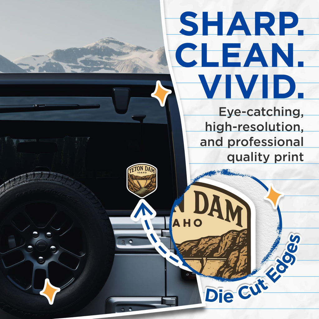 (2 Pack) Teton Dam Idaho Stickers - Idaho Mountain Scenery - Vintage Park Style Decals - 5" On Longest Side - Sticks to Smooth Flat Surfaces - Made in USA - BMCS20081
