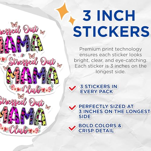 (3 Pack) Stressed Out Mama Club Decals - Laptop Decal - Colorful Mama Club Decals - 3 Inches On Longest Side - Easy Peel & Apply - Made in USA - 3MCS7226